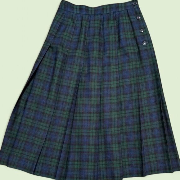 Vintage L.L. Bean Wool Emerald Green & Navy blue plaid, pleated, Long Skirt - Picture 1 of 8